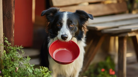 A border collie holding a red bowl in its mouth while standing on a wooden porchの素材