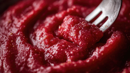 A close-up of fresh strawberries being mashed in a bowl with a fork for jamの素材
