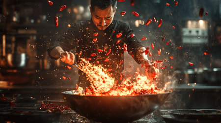 A chef tossing red hot chili peppers in a flaming wok, sparks and fire adding dramaの素材