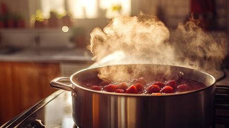 A bubbling pot of strawberry jam on a stovetop, with steam rising in a cozy kitchenの素材