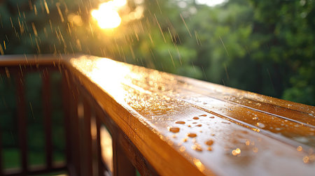 A clean line of silicone caulk sealing a wooden deck railing against moistureの素材