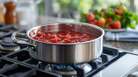A bubbling pot of strawberry jam on a gas stove with a kitchen towel nearbyの素材