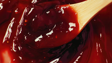 A close-up of a wooden spoon scooping out thick, glossy strawberry jamの素材