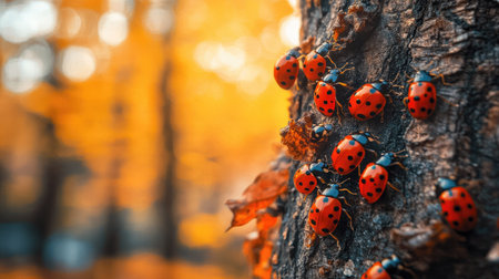 A cluster of ladybugs on a tree trunk in an autumnal forestの素材