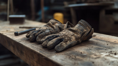 A pair of dirty work gloves resting on a wooden workbench, dust and grime visible in the textureの素材