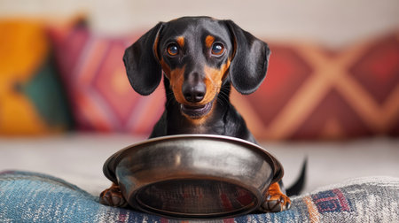 A dachshund sitting on a cushion, holding a bowl in its mouth, looking playfulの素材