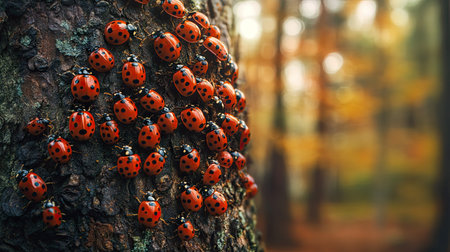 A cluster of ladybugs on a tree trunk in an autumnal forestの素材