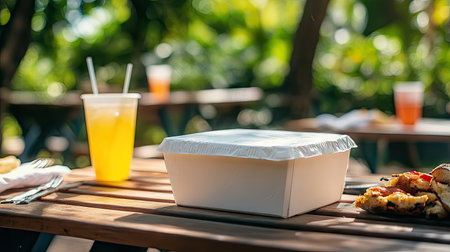 A closed Styrofoam box on a picnic table with drinks and utensils nearbyの素材