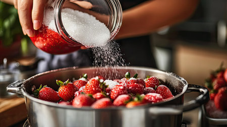 A person pouring sugar into a pot of strawberries, starting the jam-making processの素材