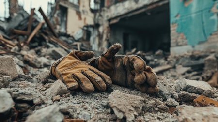 A pair of gloves lying on a pile of rubble, with a partially demolished building behindの素材