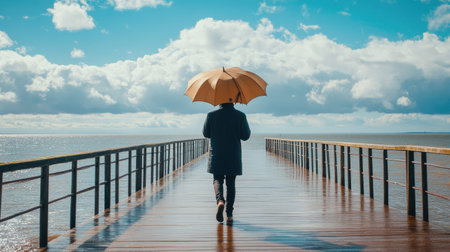 A person holding an umbrella while walking along a boardwalk on a sunny afternoonの素材