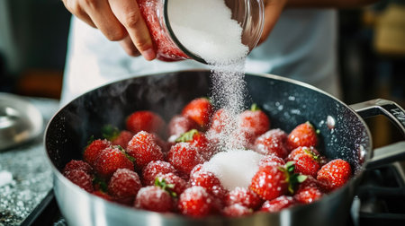 A person pouring sugar into a pot of strawberries, starting the jam-making processの素材