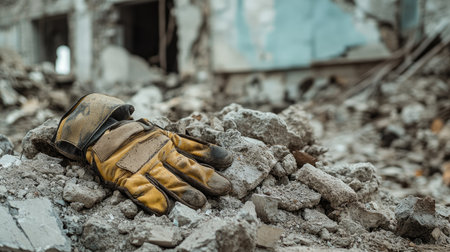 A pair of gloves lying on a pile of rubble, with a partially demolished building behindの素材