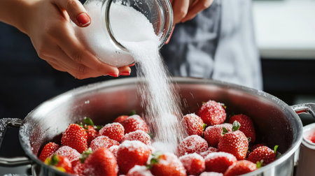 A person pouring sugar into a pot of strawberries, starting the jam-making processの素材