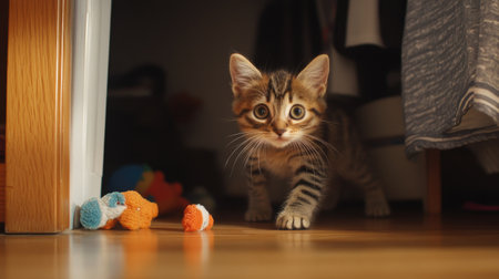 A playful kitten darting under a closet, leaving its toys behindの素材