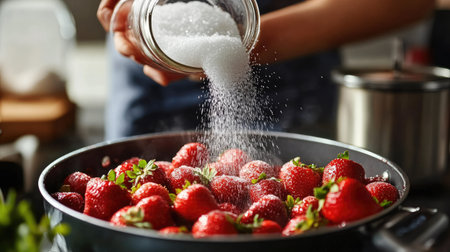 A person pouring sugar into a pot of strawberries, starting the jam-making processの素材