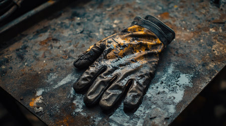 A pair of gloves covered in grease and oil, sitting on an industrial metal surfaceの素材