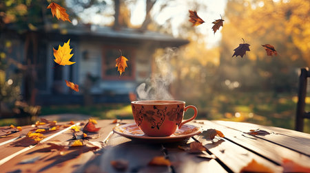 A cozy backyard scene with leaves falling into a steaming cup of tea on a tableの素材