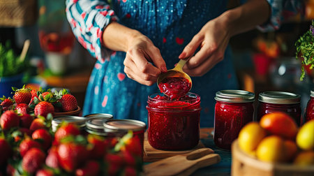 A person sealing jars of strawberry jam with lids, surrounded by vibrant kitchen decorの素材