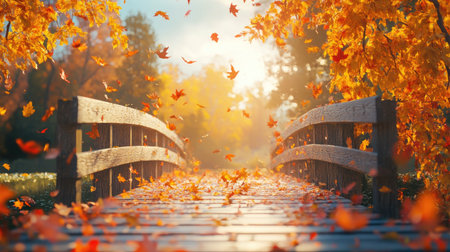 A picturesque autumn scene with falling leaves framing a sunlit wooden bridgeの素材