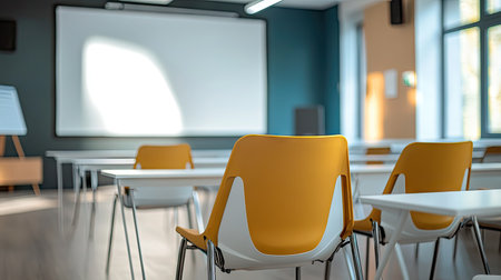 A modern classroom interior featuring bright yellow chairs and empty desks, designed to create an inviting atmosphere for learning and teaching in an educational setting.の素材