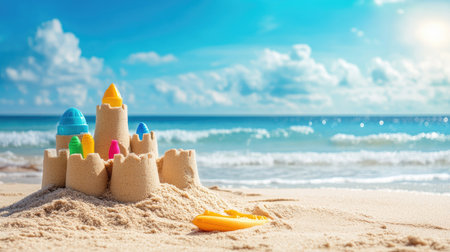 A vibrant sand castle stands on a beautiful beach, surrounded by gentle ocean waves and under a clear blue sky, capturing the essence of summer fun and joy.の素材
