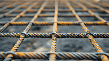 This detailed close-up image captures a rusty metal rebar grid, showcasing texture and industrial elements, perfect for construction and engineering themes.の素材