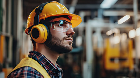 A focused construction worker stands in an industrial setting, equipped with essential safety gear including a hard hat and earmuffs, ready for any task.の素材