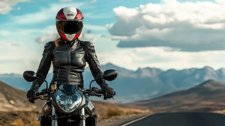 A confident rider on a motorcycle poses against a breathtaking mountain landscape under a dramatic sky, capturing the essence of adventure and freedom.の素材