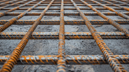 This image features a close-up view of a rusty steel rebar grid on a construction site, highlighting the intricate details of the metal framework against the concrete.の素材