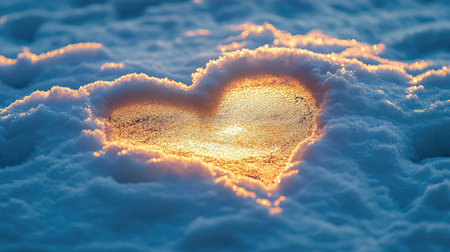 A heart shape carved into the snow captures golden light, symbolizing love and warmth in a serene winter landscape. The image evokes feelings of romance and beauty.の素材