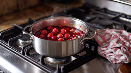 A bubbling pot of strawberry jam on a gas stove with a kitchen towel nearbyの素材