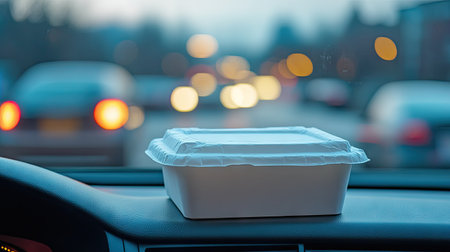 A closed Styrofoam food box sitting on a car dashboard during a drive-thru meal breakの素材