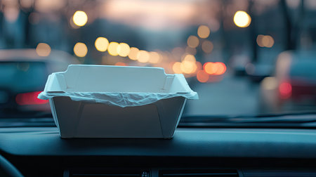 A closed Styrofoam food box sitting on a car dashboard during a drive-thru meal breakの素材