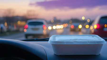 A closed Styrofoam food box sitting on a car dashboard during a drive-thru meal breakの素材