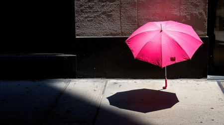 A bright pink umbrella casting a shadow on a city sidewalk during a sunny afternoonの素材