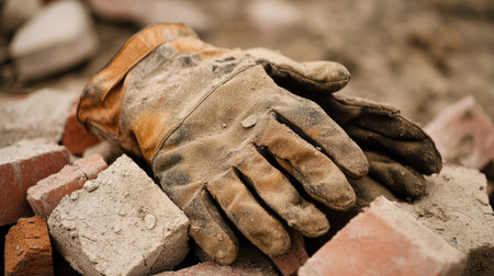 A construction worker's gloves tossed on a pile of bricks, dusty and wornの素材
