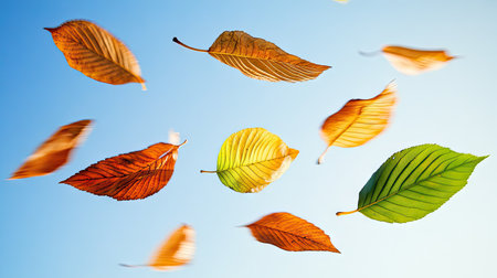 A close-up of vibrant autumn leaves swirling in the air during a breezy dayの素材