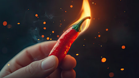 A close-up of a hand holding a red hot chili pepper with fire emerging from its tipの素材