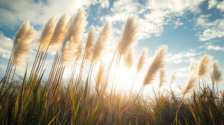 Pampas grass stands gracefully against a vibrant blue sky, illuminated by gentle sunlight, capturing the essence of serenity and natural beauty in a peaceful outdoor setting.の素材
