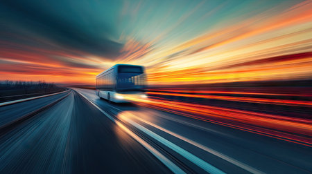 A captivating image of a bus in motion along a highway at sunset, featuring a stunning blend of colors and dramatic cloud patterns, creating a sense of speed and journey.の素材