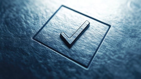 A detailed close-up of a metallic checkmark symbol on a textured background, symbolizing success and approval, perfect for various design and marketing needs.の素材