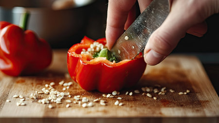 A close-up image showcasing a hand skillfully preparing a vibrant red bell pepper on a wooden cutting board, highlighting fresh ingredients for healthy meal preparation.の素材