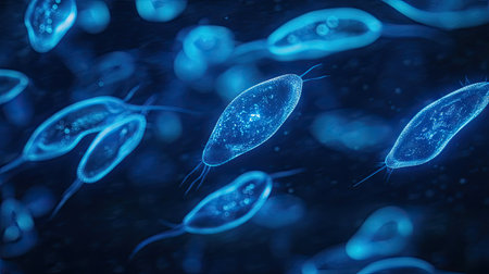 Captivating microscopic view showcasing microorganisms with a mesmerizing blue glow. Discover the intricate details of tiny cells illuminated against a dark background.の素材