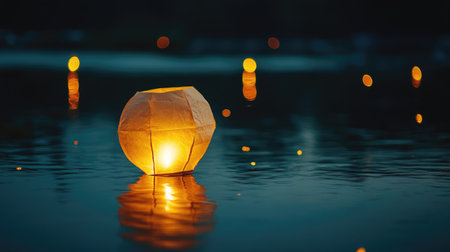 Captivating view of glowing paper lantern on still water, illuminating the surroundings. Perfect for capturing serene moments, festivities, and tranquil nights.の素材