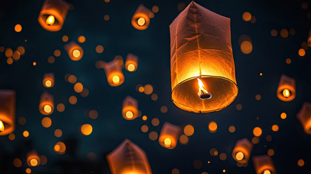 Captivating image of floating lanterns releasing warm light against a dark sky, creating a serene and magical atmosphere perfect for celebrations and wishes.の素材