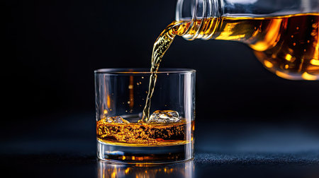 A visually striking image capturing the moment golden beverage is poured into a glass over ice, creating an enticing look perfect for showcasing sophistication in drink.の素材