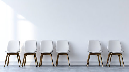 A series of modern white chairs with wooden legs arranged neatly against a bright, empty wall, creating a serene atmosphere perfect for contemporary spaces.の素材