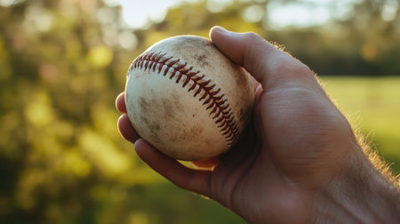 A hand grips a vintage baseball, showcasing its worn leather and stitching against a blurred green background, evoking feelings of nostalgia and outdoor fun.の素材