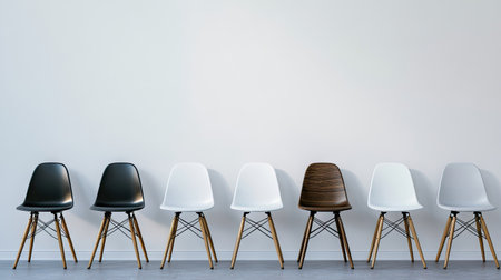 A row of modern minimalist chairs in black, white, and brown arranged symmetrically against a light gray wall, perfect for contemporary interior design inspiration.の素材